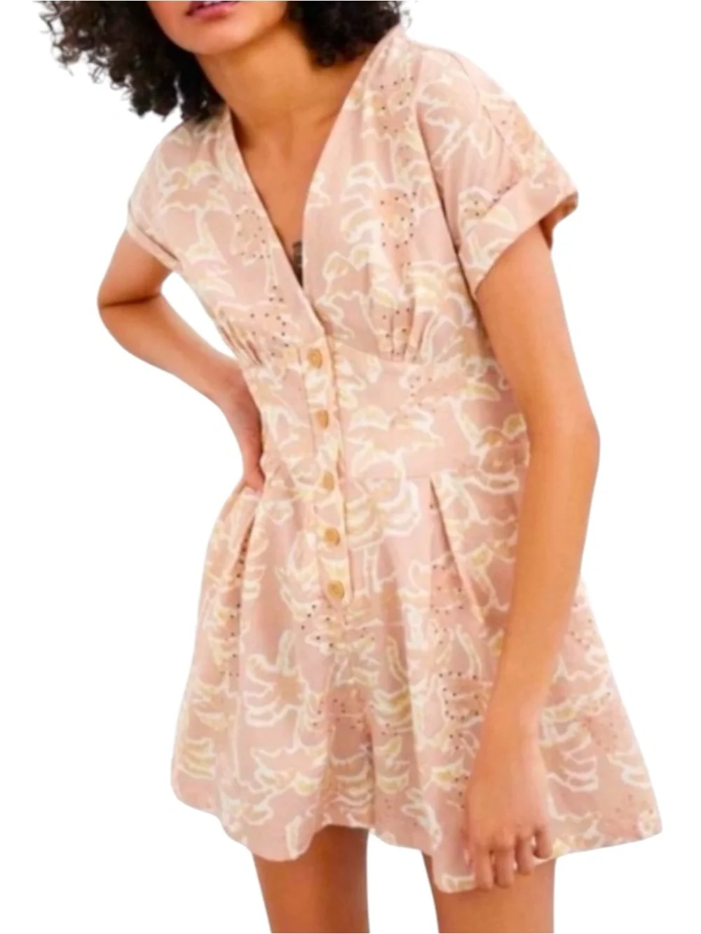 Zara Linen Blend Embroidered Eyelet Palm Tree Print Romper Button Front V-Neck M